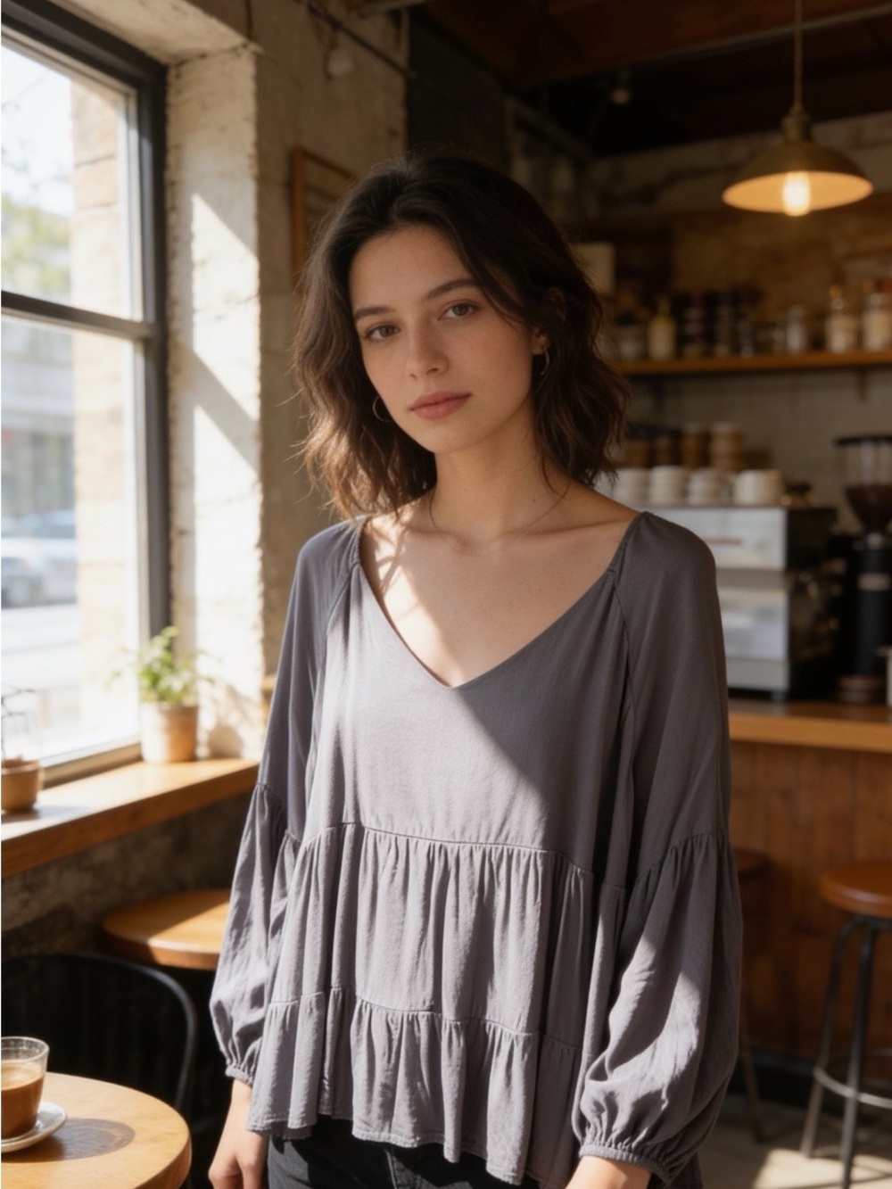 Impressions Gray V-Neck Tiered Peasant Blouse Size 1X